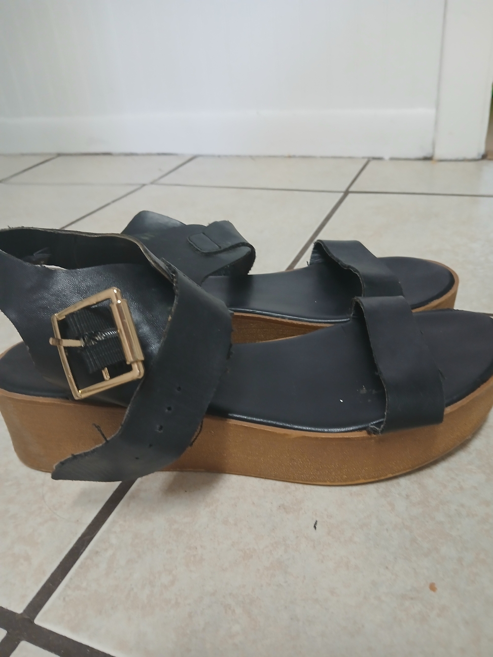 Black Platform Slide Sandals with Gold Buckle